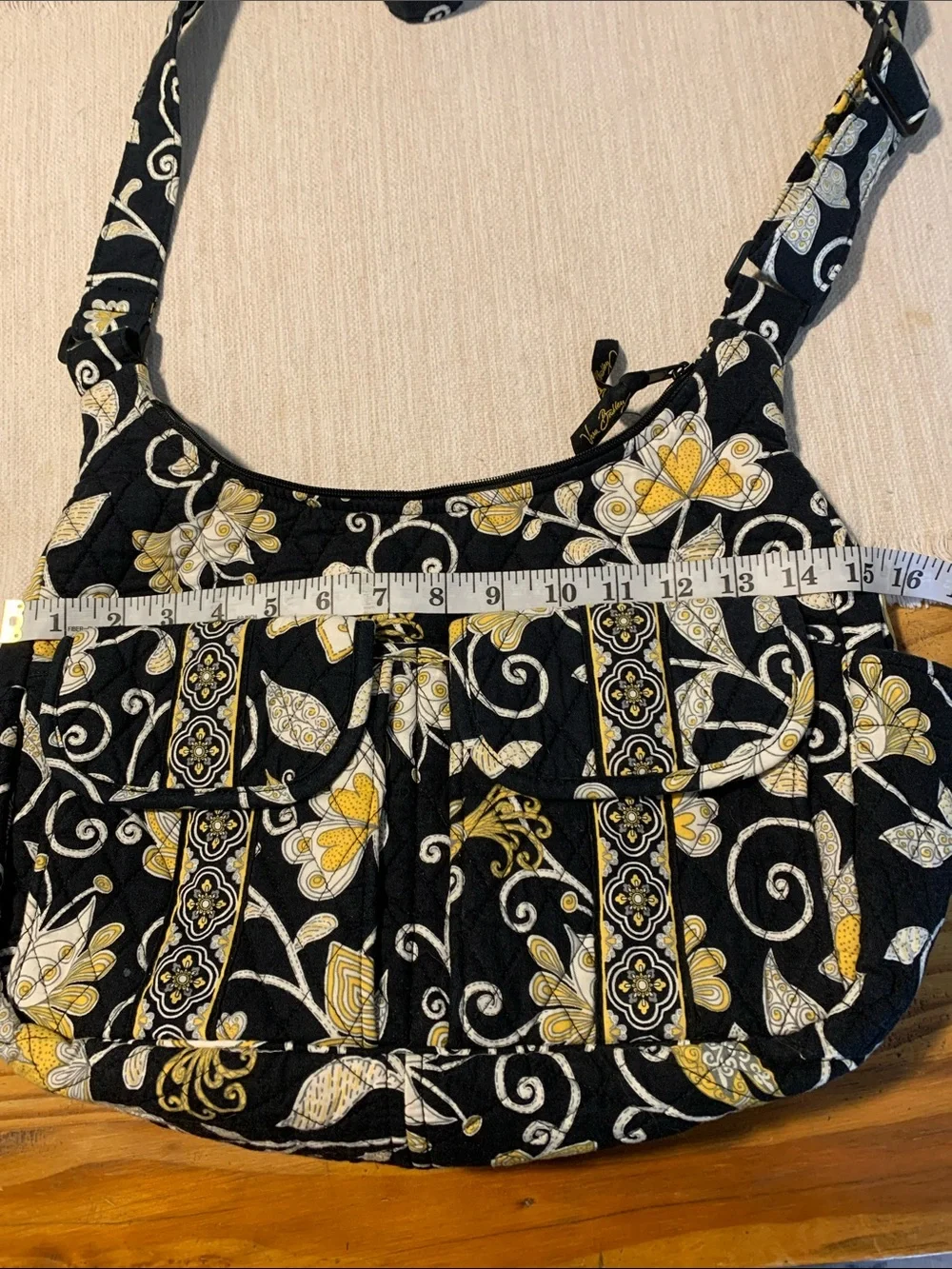 Quilted Floral Crossbody Shoulder Bag - Black & Yellow - Picture 7 of 12